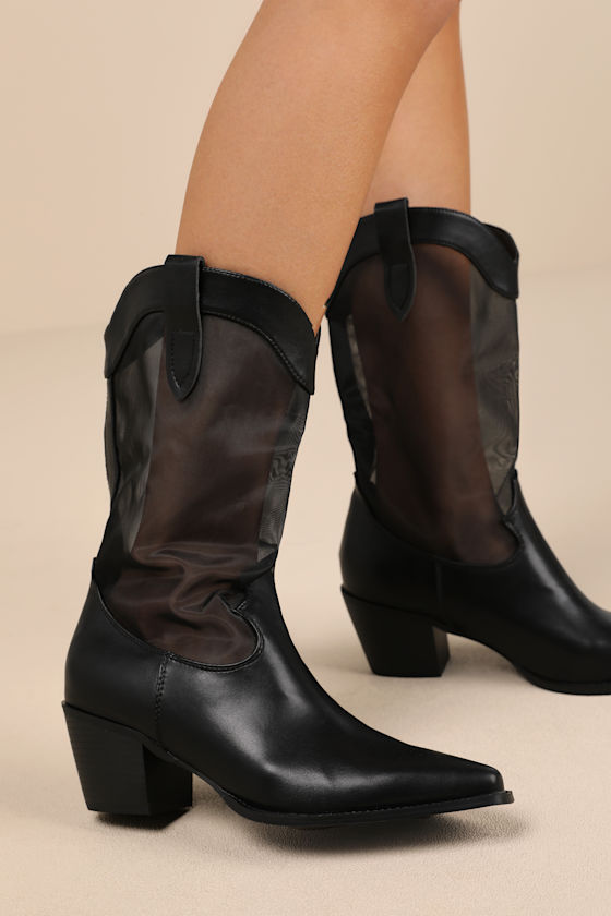 Wyley Black Sheer Mesh Mid-Calf Western Boots 5