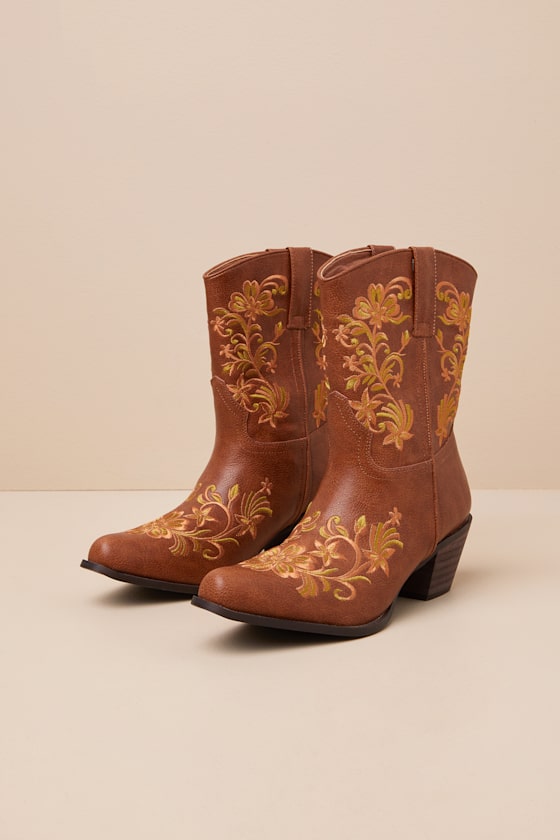Lulus Birgitta Brown Embroidered Western Ankle Boots In Brown