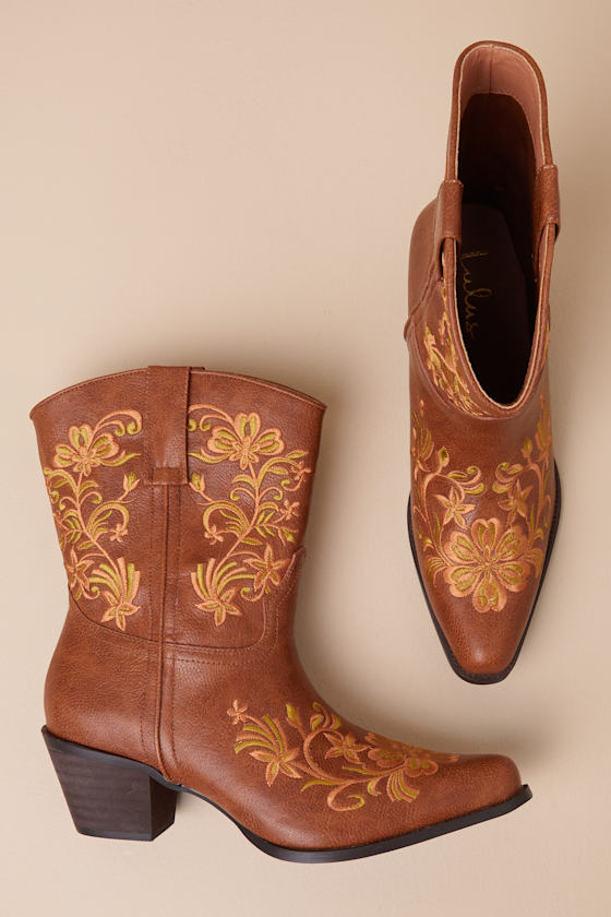 Lulus Birgitta Brown Embroidered Western Ankle Boots In Brown