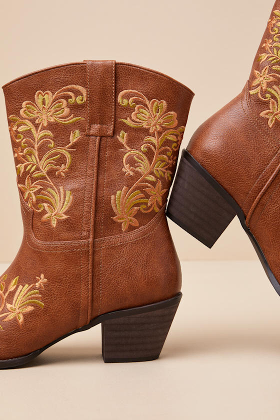 Lulus Birgitta Brown Embroidered Western Ankle Boots In Brown