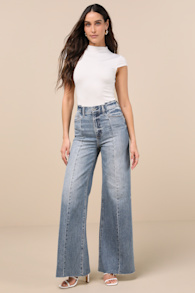 Rocky Light Wash Denim Seamed Wide-Leg Jeans