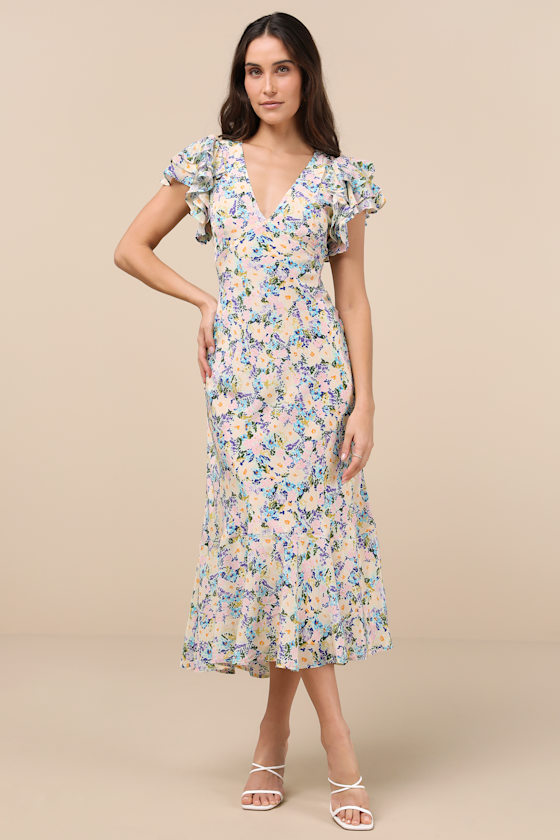 Astr The Label Celestine Floral Flutter Sleeve Maxi Dress In Blue