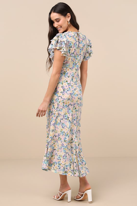 Astr The Label Celestine Floral Flutter Sleeve Maxi Dress In Blue