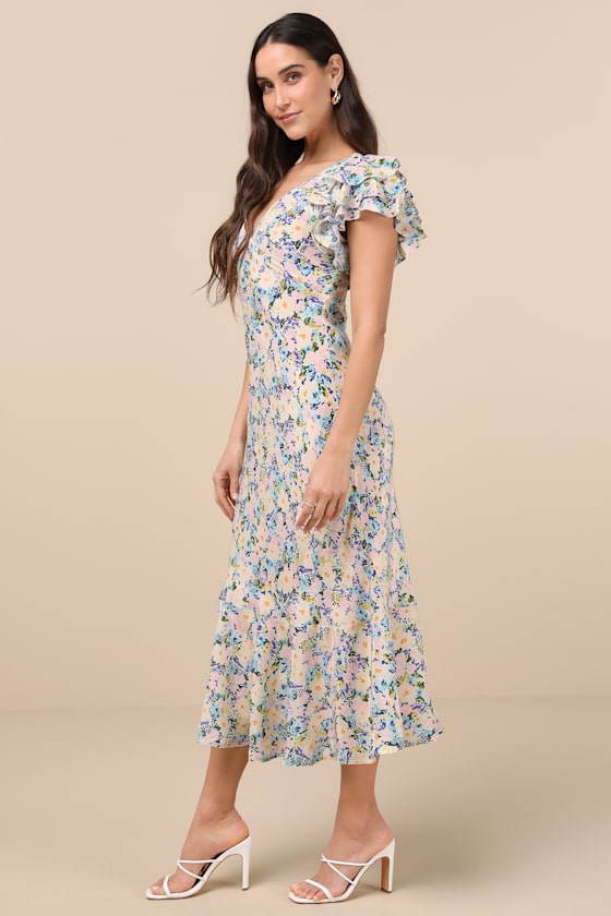 Astr The Label Celestine Floral Flutter Sleeve Maxi Dress In Blue