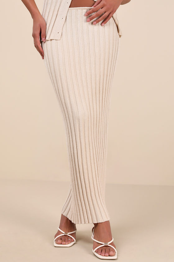 Baha Beige Ribbed Knit Maxi Skirt