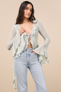 Whimsical Essence Mint Blue Ruffled Tie-Front Bell Sleeve Top