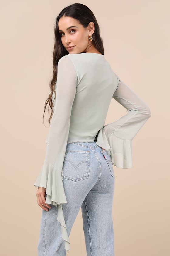 Lulus Whimsical Essence Mint Blue Ruffled Tie-front Bell Sleeve Top In Mint Blue