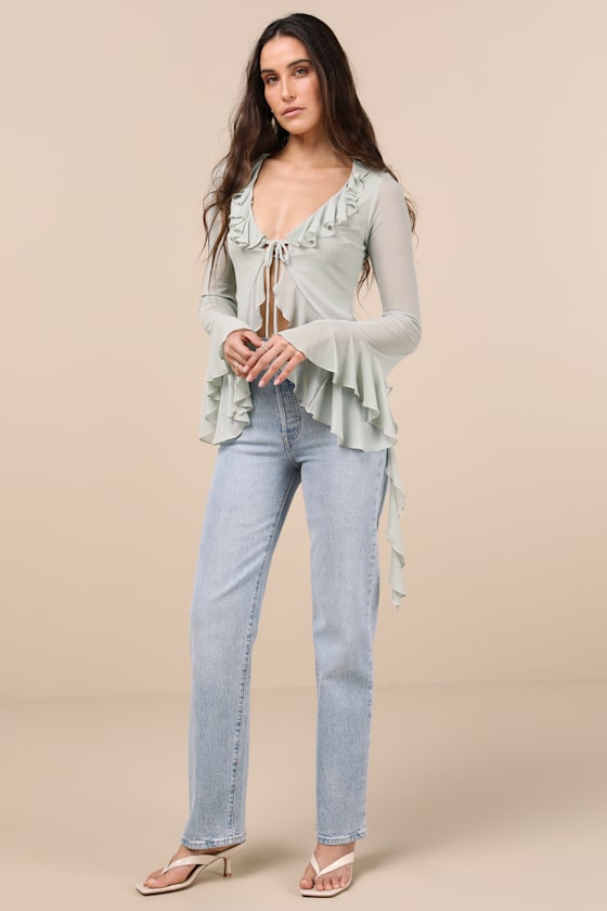 Lulus Whimsical Essence Mint Blue Ruffled Tie-front Bell Sleeve Top In Mint Blue
