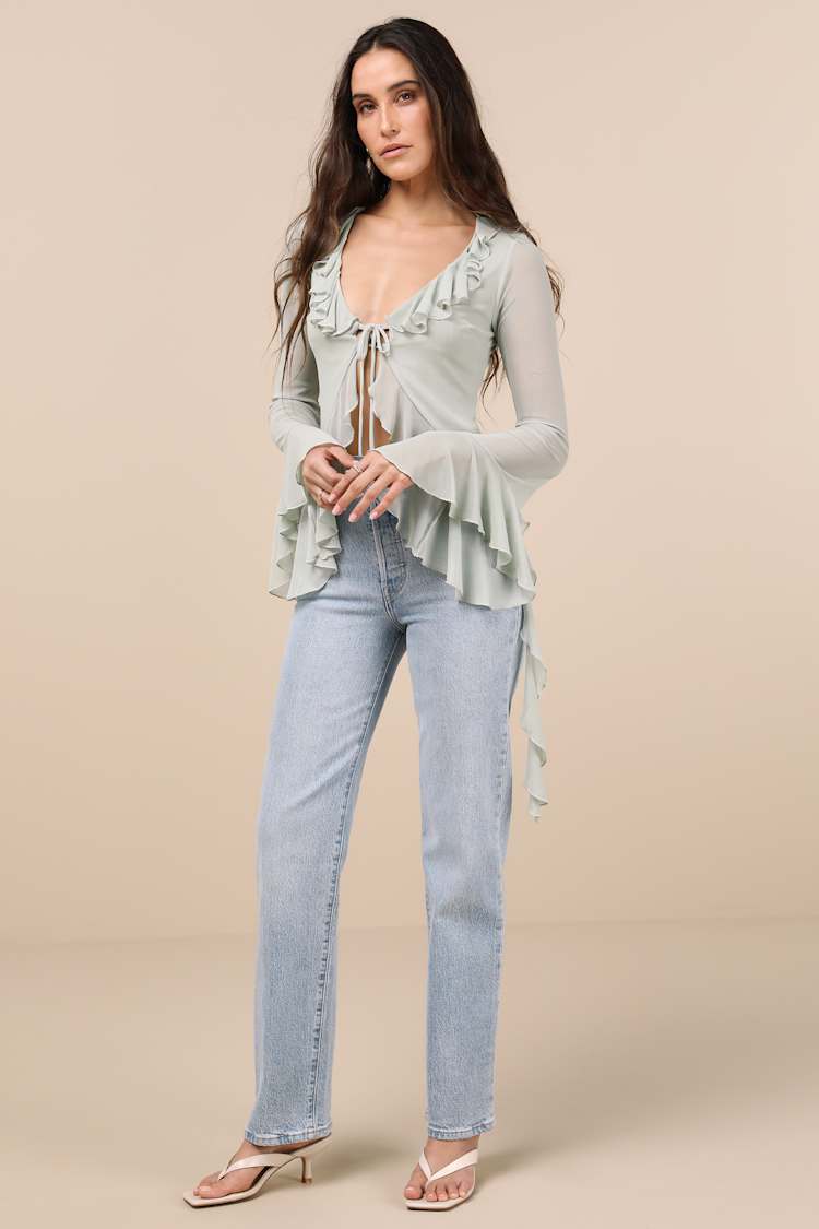 Whimsical Essence Mint Blue Ruffled Tie-Front Bell Sleeve Top