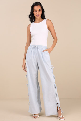 Palila Blue and White Striped Side-Tie Pants 2