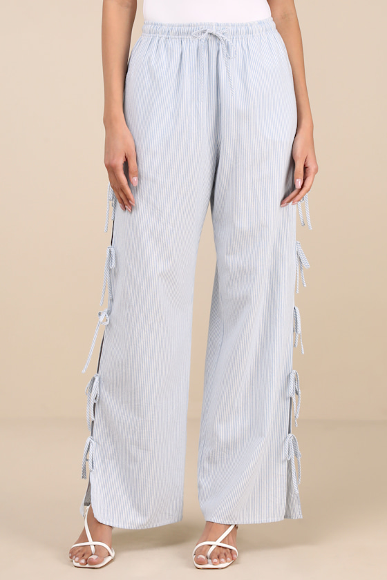 Palila Blue and White Striped Side-Tie Pants 3