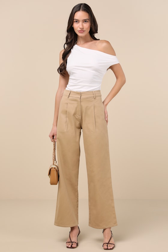 Lulus Charismatic Success Tan Pleated High-rise Wide-leg Pants In Tan