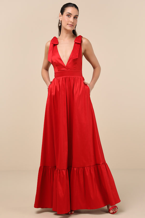 Lulus Rare Charm Red Taffeta Tie-strap Maxi Dress With Pockets In Red