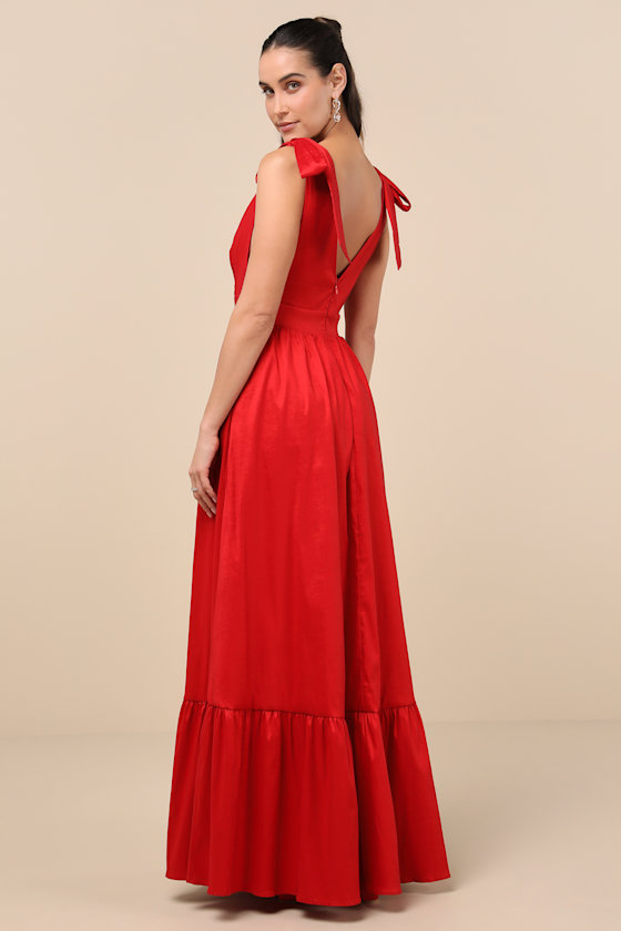Lulus Rare Charm Red Taffeta Tie-strap Maxi Dress With Pockets In Red