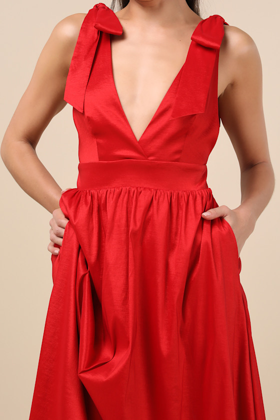 Lulus Rare Charm Red Taffeta Tie-strap Maxi Dress With Pockets In Red
