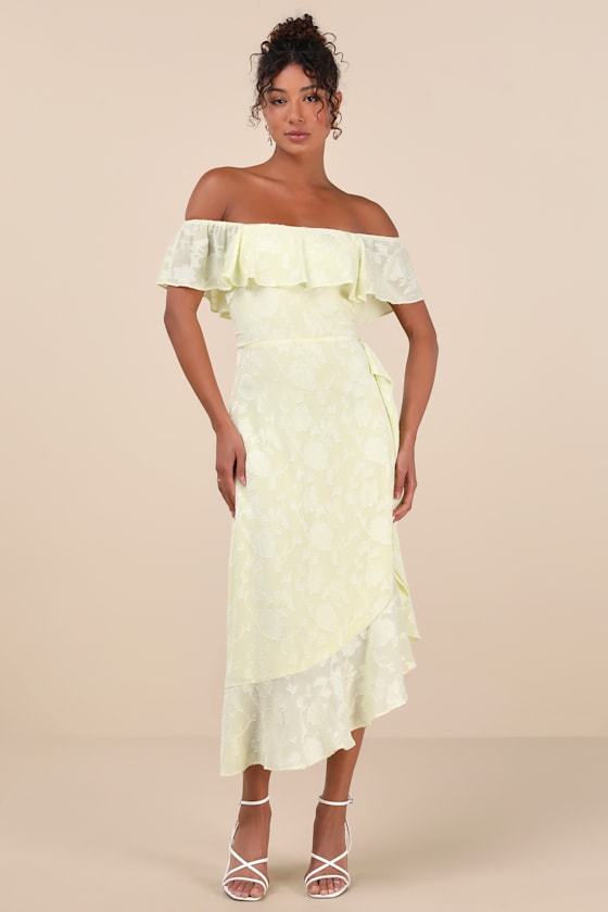 Shop Lulus Pretty Perfect Yellow Burnout Floral Off-the-shoulder Midi Dress
