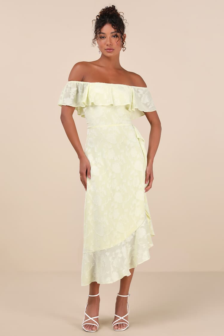 Pretty Perfect Yellow Burnout Floral Off-the-Shoulder Midi Dress