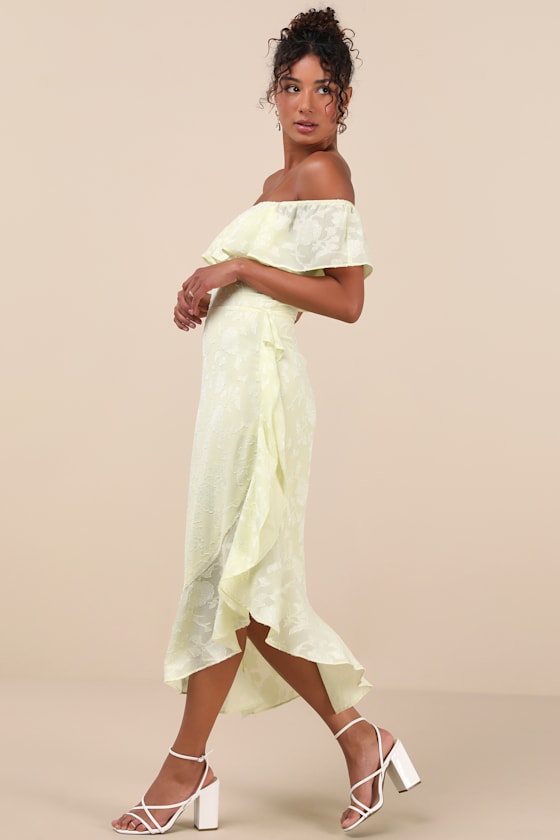 Shop Lulus Pretty Perfect Yellow Burnout Floral Off-the-shoulder Midi Dress