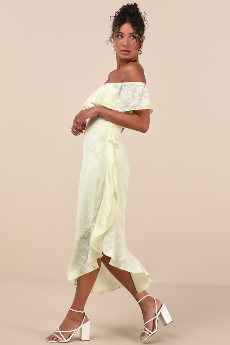 Pretty Perfect Yellow Burnout Floral Off-the-Shoulder Midi Dress