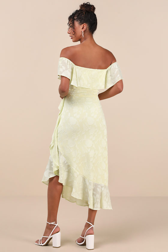 Shop Lulus Pretty Perfect Yellow Burnout Floral Off-the-shoulder Midi Dress