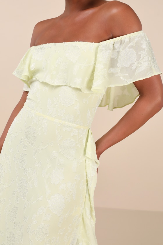Shop Lulus Pretty Perfect Yellow Burnout Floral Off-the-shoulder Midi Dress
