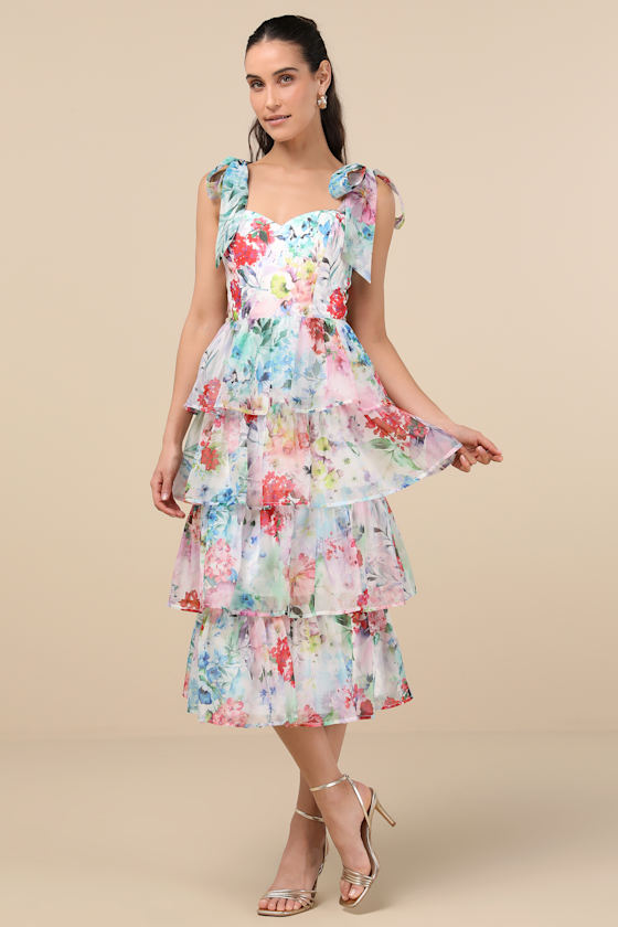 Lulus Vivid Sensation White Multi Floral Tie-strap Midi Dress In White