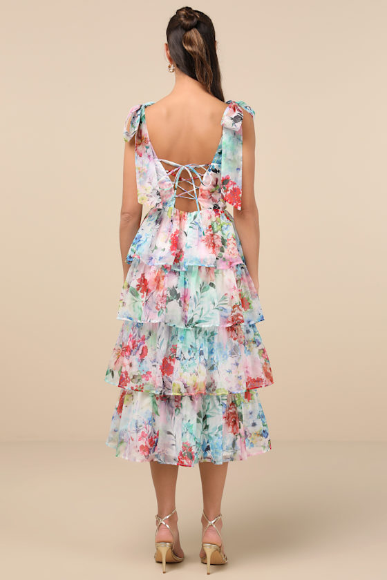 Lulus Vivid Sensation White Multi Floral Tie-strap Midi Dress In White