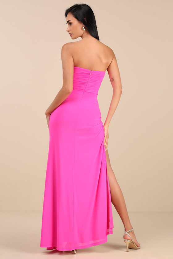 Epitome of Allure Hot Pink Mesh Strapless Ruched Maxi Dress 1