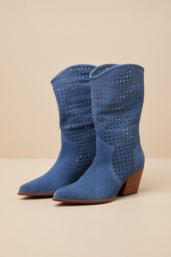 SEYCHELLES DIVA BLUE SUEDE LEATHER PERFORATED MID-CALF BOOTS