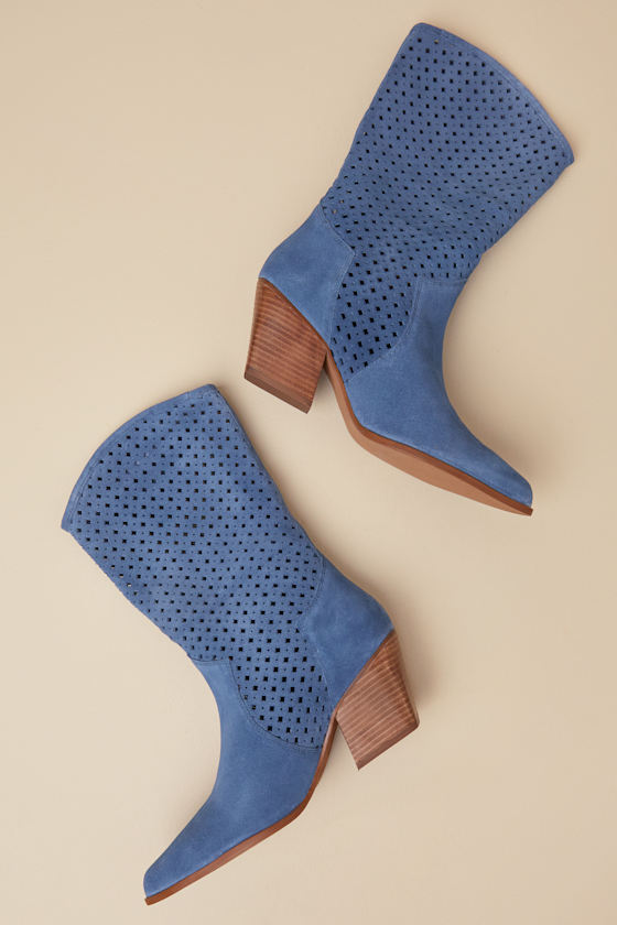 SEYCHELLES DIVA BLUE SUEDE LEATHER PERFORATED MID-CALF BOOTS