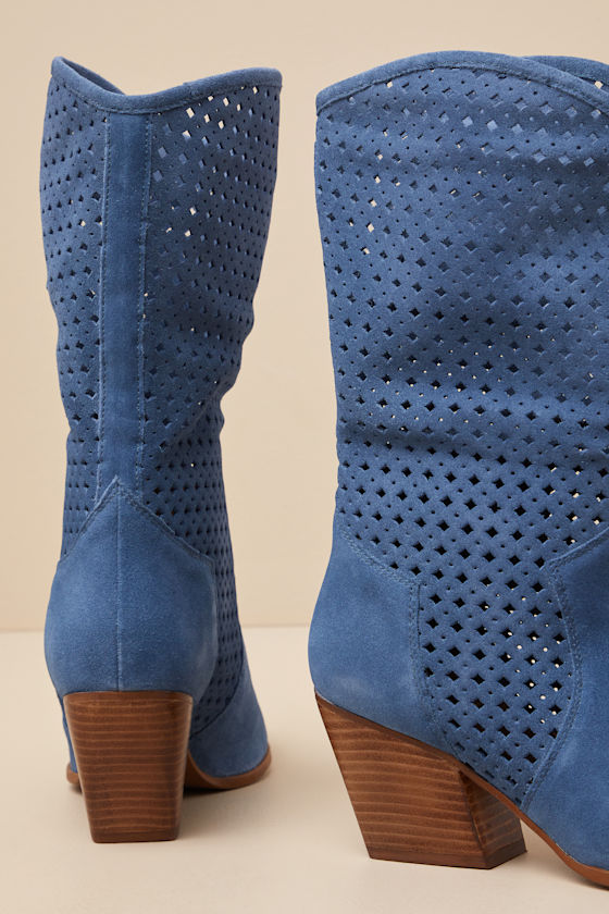 SEYCHELLES DIVA BLUE SUEDE LEATHER PERFORATED MID-CALF BOOTS