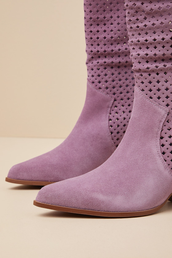 Shop Seychelles Diva Lavender Suede Leather Perforated Mid-calf Boots In Purple