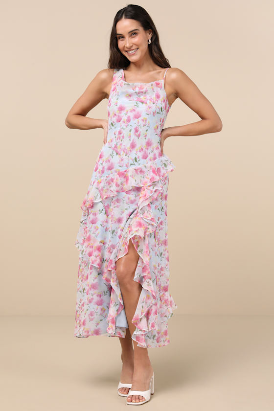 ASTR the Label Levina Dress - Blue Floral Dress - Ruffled