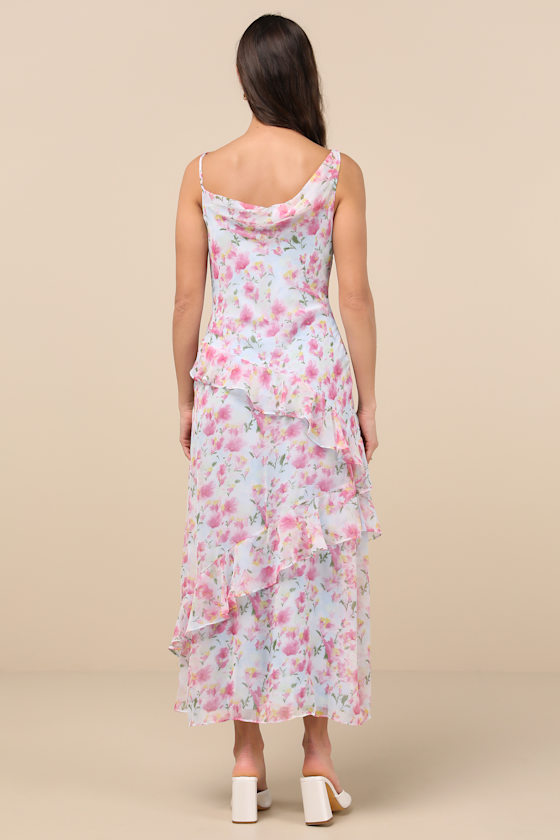 Astr Levina Light Blue Floral Asymmetric Ruffled Midi Dress In Light Blue