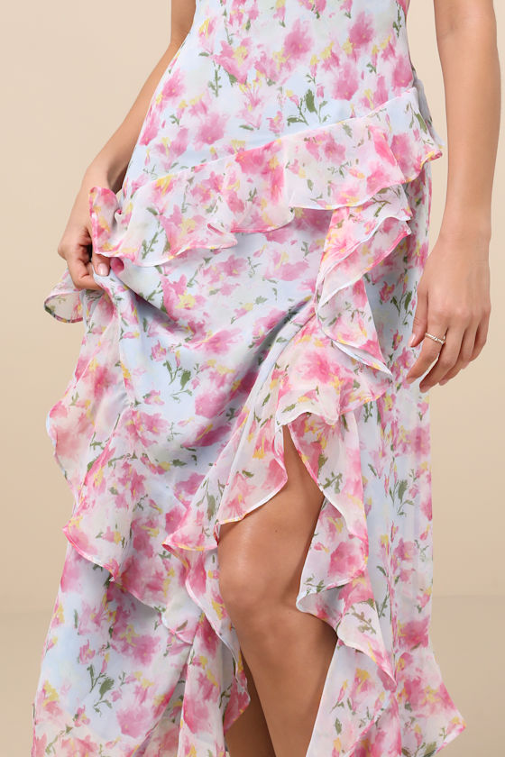Astr Levina Light Blue Floral Asymmetric Ruffled Midi Dress In Light Blue