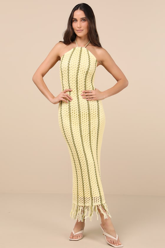Lulus Hedia Yellow Striped Crochet Halter Fringe Midi Dress In Yellow