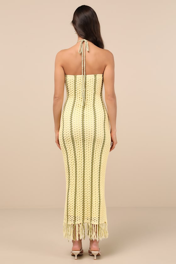 Lulus Hedia Yellow Striped Crochet Halter Fringe Midi Dress In Yellow