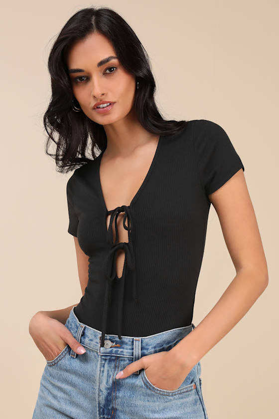 Lulus Lovely Ties Black Ribbed Knit Tie-front Short Sleeve Bodysuit In Black
