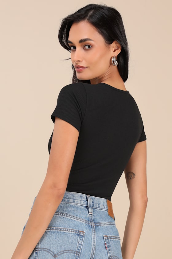 Lulus Lovely Ties Black Ribbed Knit Tie-front Short Sleeve Bodysuit In Black