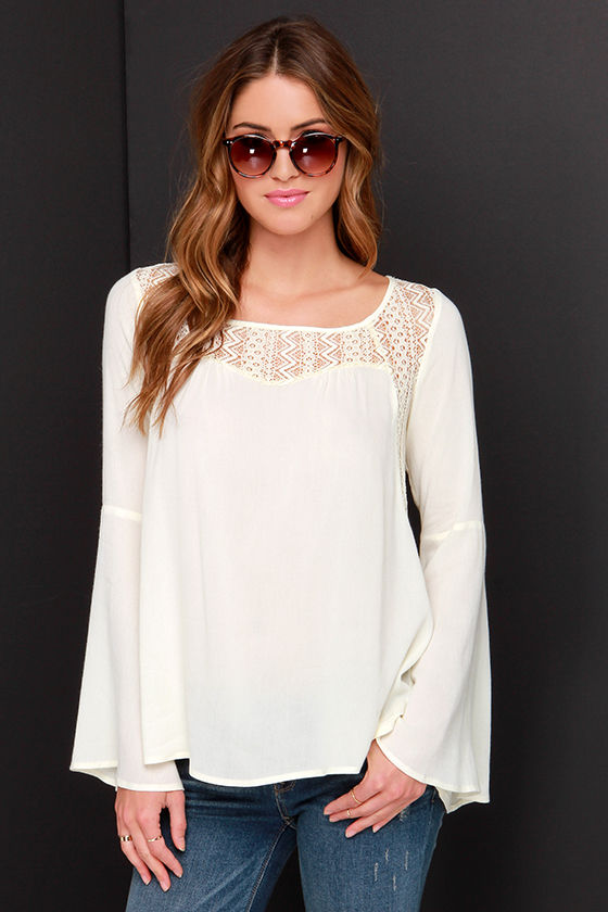 Lovely Cream Top Lace Top Long Sleeve Top Bell Sleeve Top 49.00 Lulus