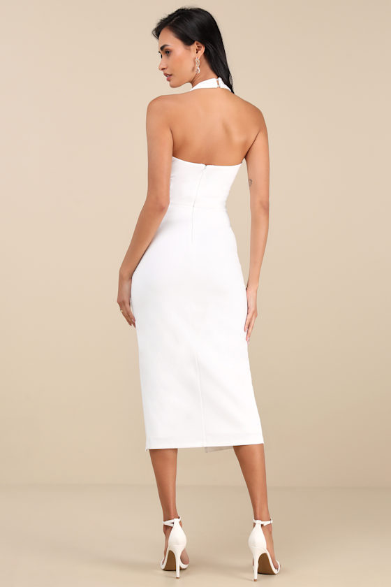 Lulus Prominent Charm White Halter Bodycon Tulip Midi Dress
