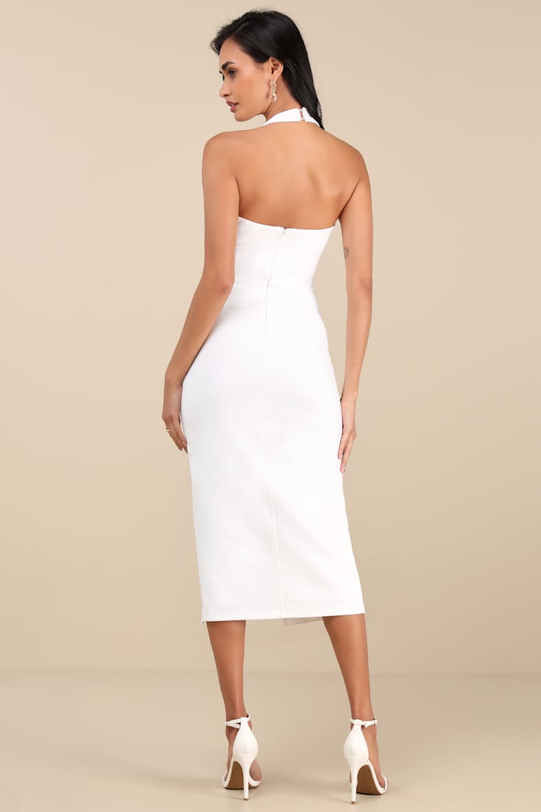 Prominent Charm White Halter Bodycon Tulip Midi Dress