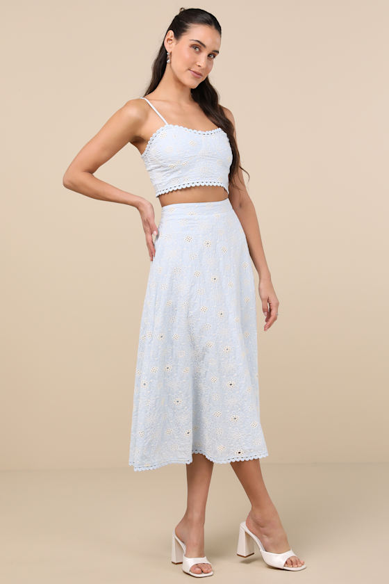 Lulus Sweet At Heart Blue Floral Embroidered Two-piece Midi Dress In Blue