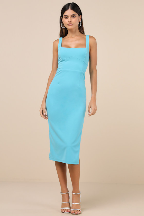 Lulus Vibrant Allure Aqua Square Neck Sleeveless Bodycon Midi Dress In Blue