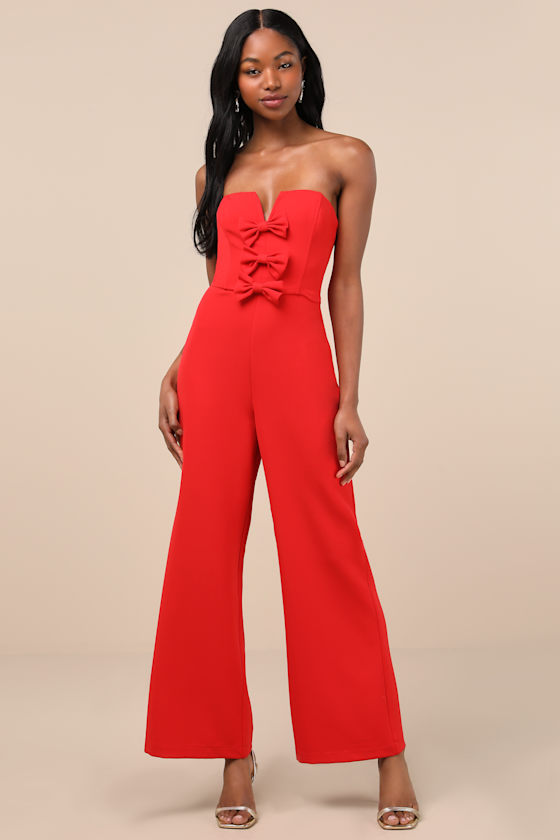 LULUS OPULENT OUTLOOK RED BOW STRAPLESS WIDE-LEG JUMPSUIT 