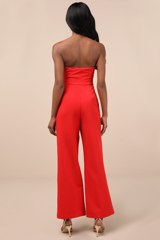 LULUS OPULENT OUTLOOK RED BOW STRAPLESS WIDE-LEG JUMPSUIT 