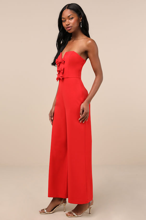 LULUS OPULENT OUTLOOK RED BOW STRAPLESS WIDE-LEG JUMPSUIT 
