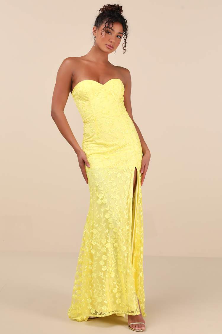 Yellow Embroidered Dress - Strapless Dress - Bustier Maxi Dress - Lulus