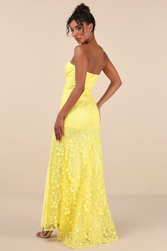 Romantic Beauty Yellow Floral Embroidered Strapless Maxi Dress 3