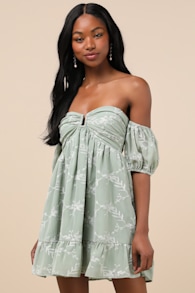 Cutest Icon Sage Green Embroidered Off-the-Shoulder Mini Dress